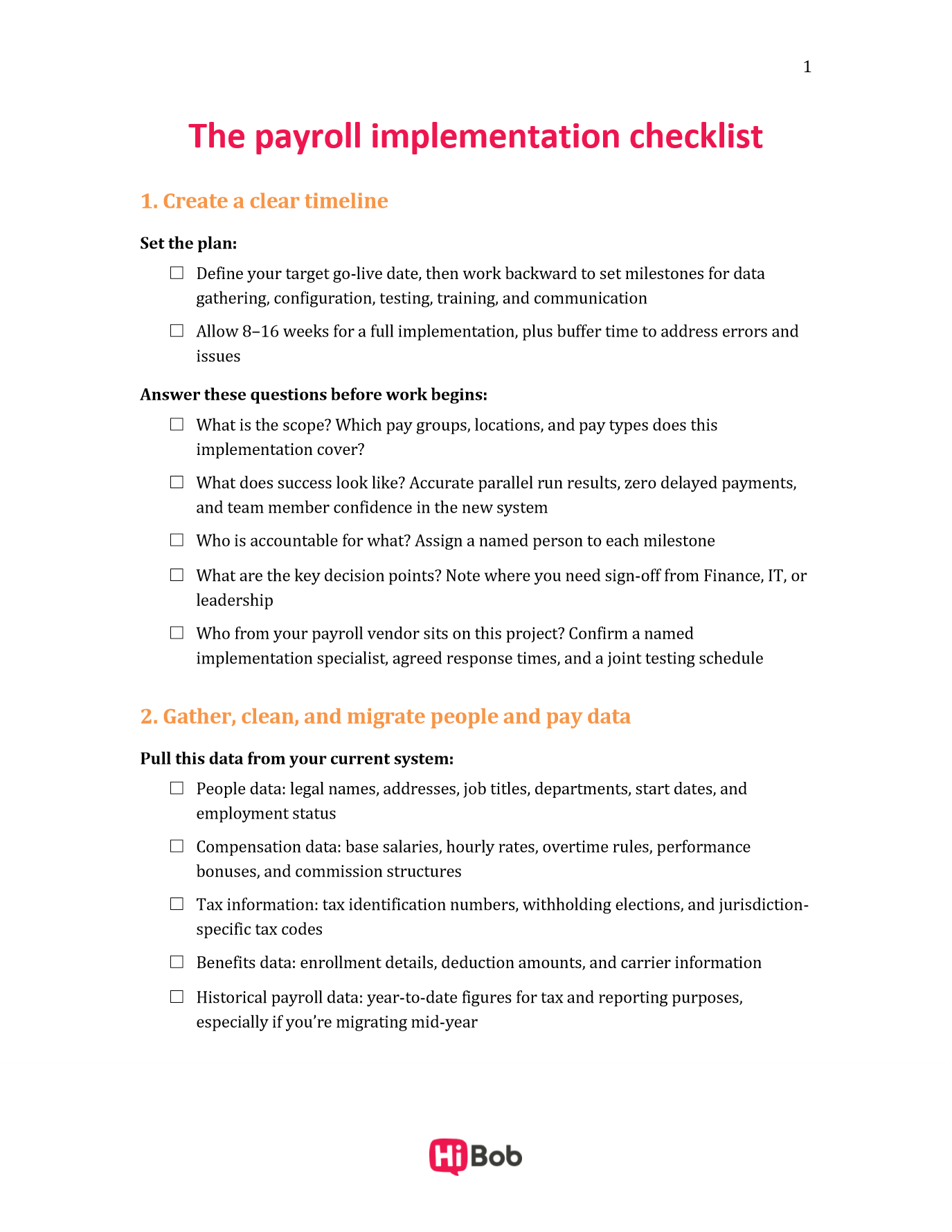 Preview of the HiBob payroll implementation checklist Word template, with checkboxes for each migration step