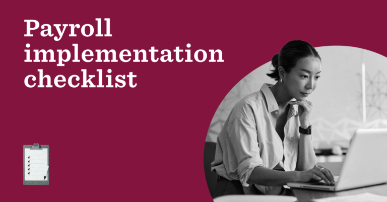 Payroll implementation checklist title card with an HR professional working on a laptop and a checklist clipboard icon