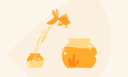 goldfish jumping from fishbowl to larger aquarium, colorful fishbowl with sparkling water and aquatic plants