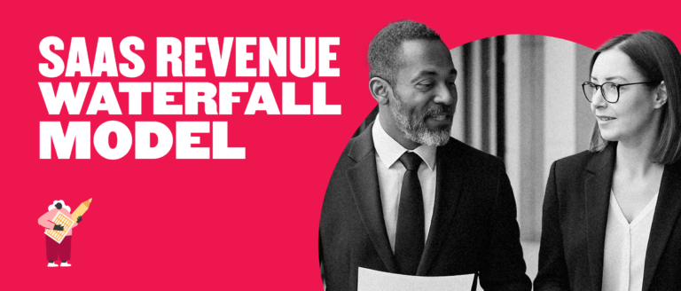 SAAS revenue waterfall model visual with professionals discussing strategy, pink background emphasizes key concepts, business collaboration and analysis