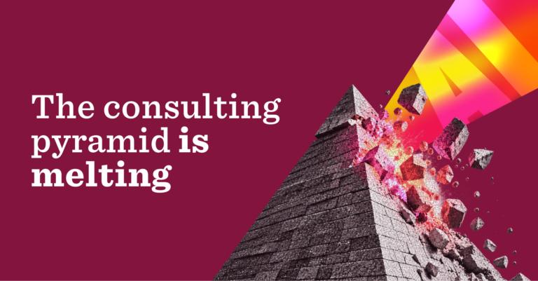 consulting pyramid melting, dynamic visuals representing transformation and disruption in the consulting industry