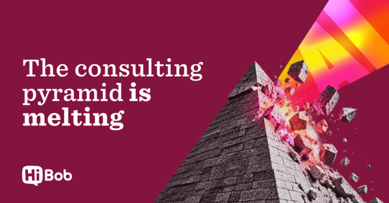 consulting pyramid melting with colorful beams and fragmented rocks on a vibrant background, HiBob branding featured prominently