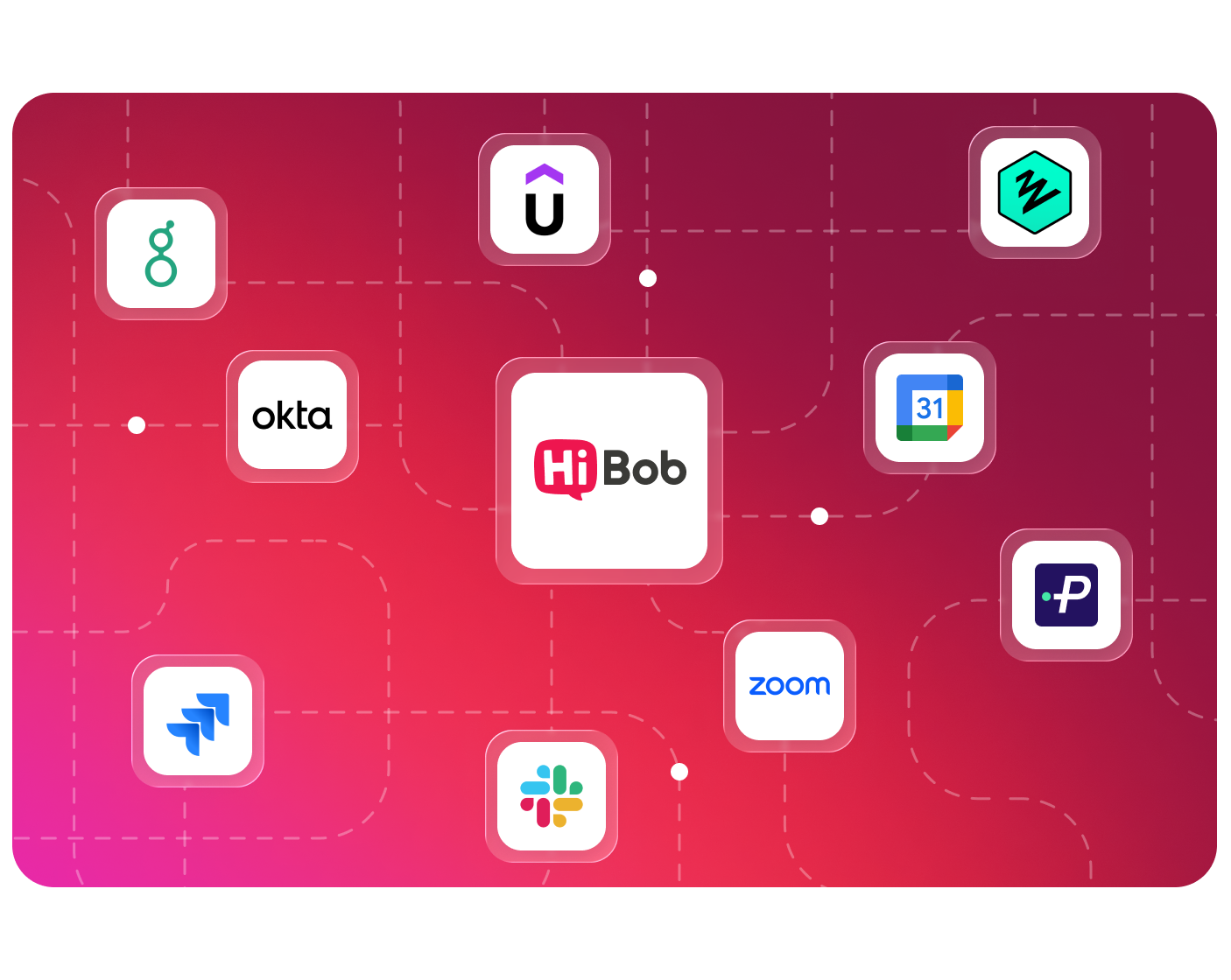 HiBob integration network with logos of various apps like Zoom, Okta, and Slack against a vibrant background. , HiBob, app_integration