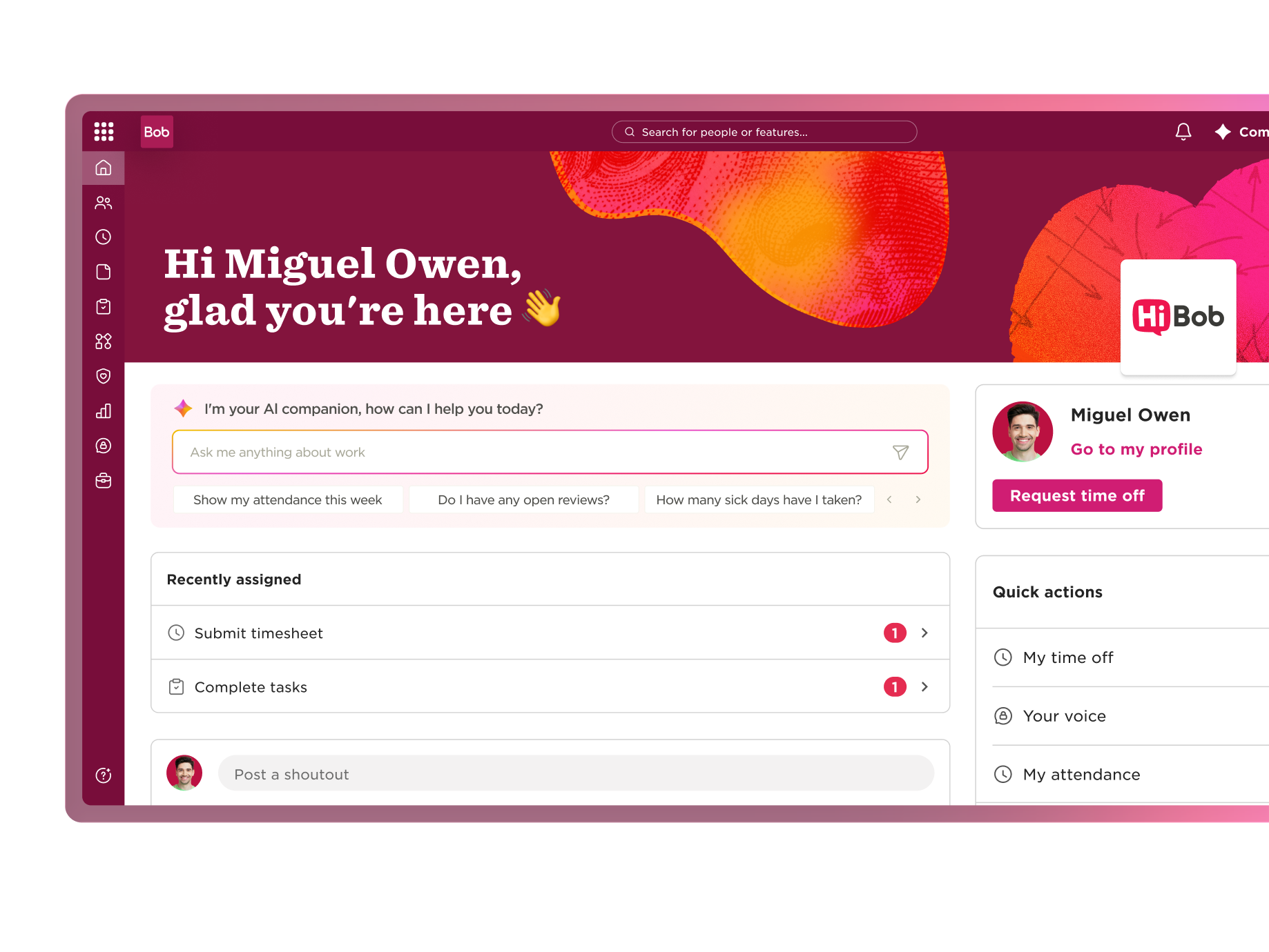 AI interface for employee tasks, personalized greetings, and quick actions like requesting time off and reviewing attendance., Employee management dashboard featuring tasks and AI assistance for workflow optimization.